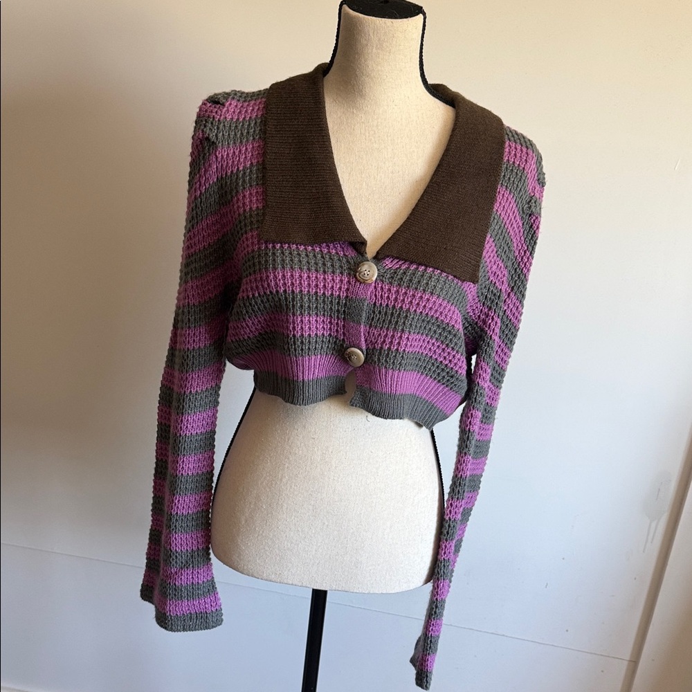 Cropped Striped Cardigan in Pink and Gray with Brown Collar